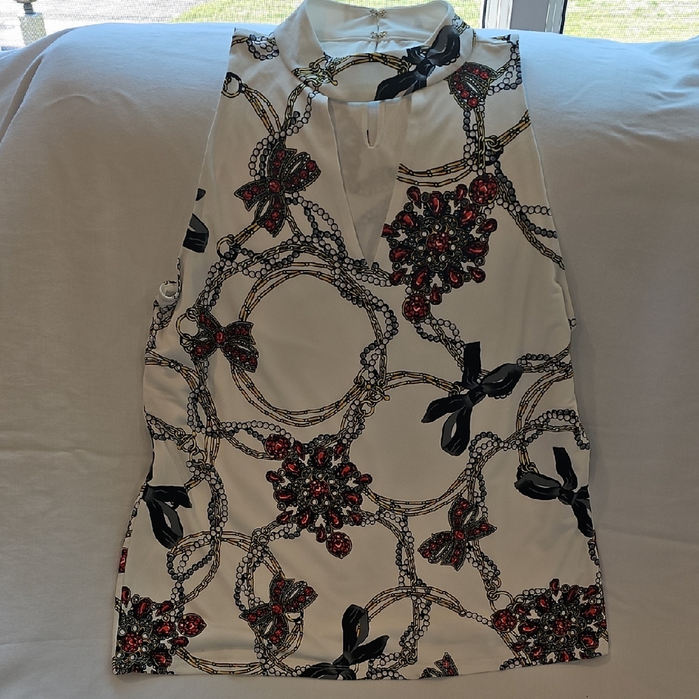 White House Black Market Red and Black Floral Blouse